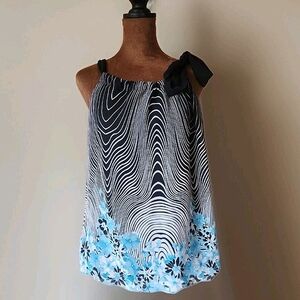 Y2K Wrapper Top Whimsigoth Floral Size L Chiffon Tie Strap Bow Blue Black Blouse
